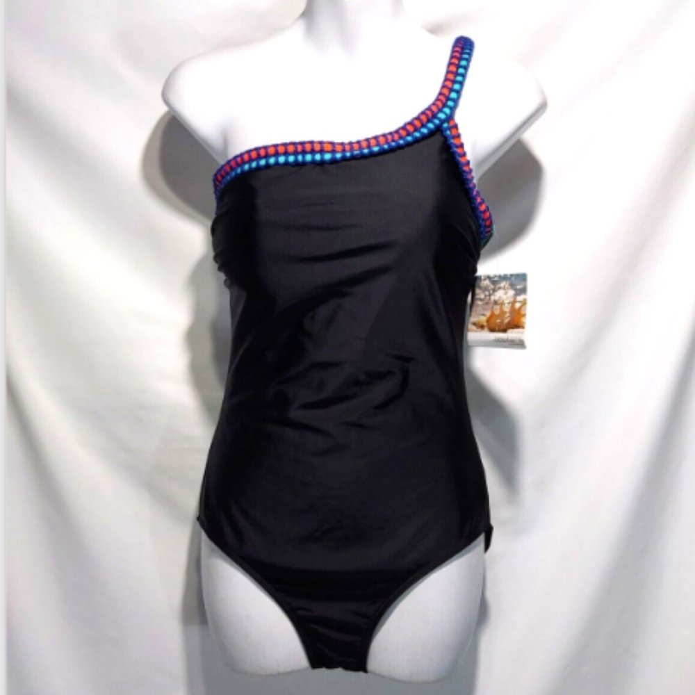NEW Seekers Australia One Shoulder Embroidered Swimsuit Black Sz 8